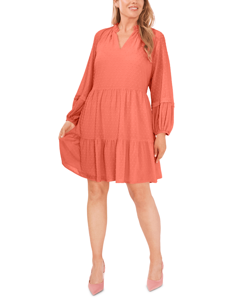 Front of a model wearing a size 1X Naomi Baby Doll Dress in CAMEO CORAL by CeCe. | dia_product_style_image_id:263466